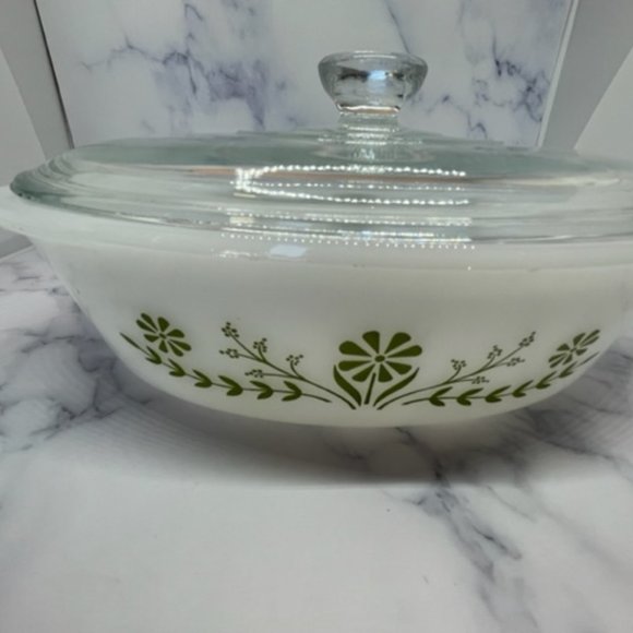 Vintage Glasbake PRIMROSE DREAM Oval Green Floral Daisy Casserole with Lid J-235 - Picture 6 of 8